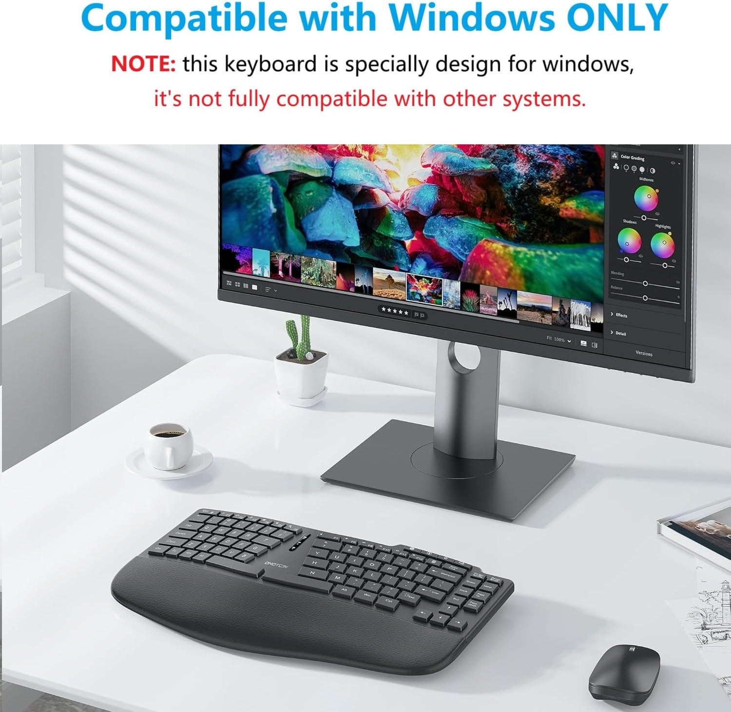 OMOTON Ergonomic Wireless Split Keyboard Compatible with Windows only, Cushioned Wrist Rest, Rechargeable, USB Connectivity, 2.4G Membrane Silent Keyboard, Classic Black