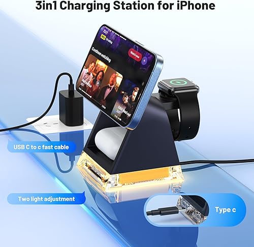 Miniatura 3 de Estación de carga rápida 3 en 1 para Apple, soporte de cargador inalámbrico portátil con MagSafe, base de carga magnética para iPhone 16e15 Pro