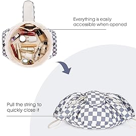 Narwey Barrel Drawstring Checkered Makeup Bag Large Cosmetic Bag Make up Bags Toiletry Bag Travel Bags for Toiletries Organizer for Women Gift for Teen Girls (Grayish Blue Checkerboard) (Patent)