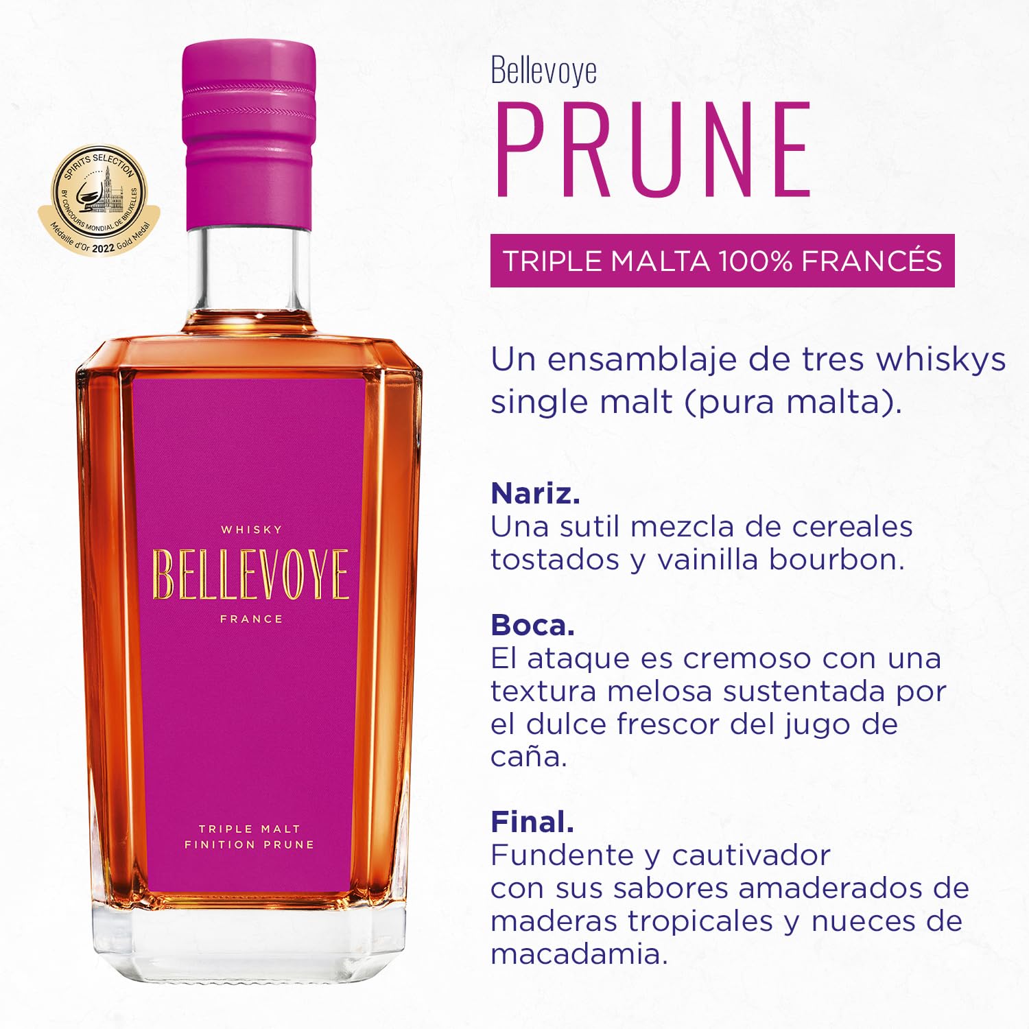 BELLEVOYE - Whisky Triple Malt - Whisky Francés Bellevoye Prune - Doble medalla de oro Concours Mondial de Bruxelles 2022-43% De Alcohol - 100% Origen Francia - 700 ml