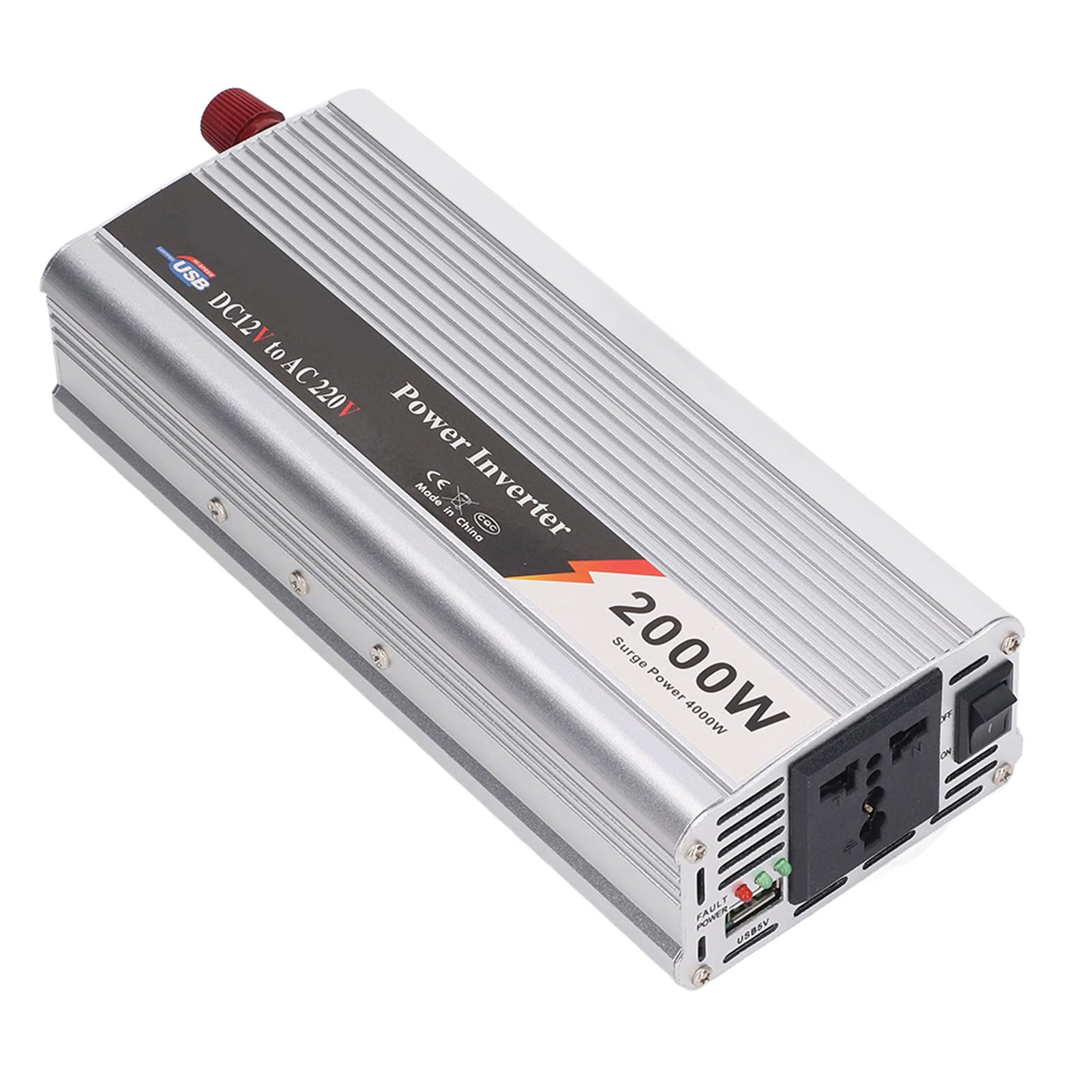 Inversor de Corriente para Automóvil de 2000 W, CC 12 V a CA 220-230 V, Onda Sinusoidal Corregida, con 1 Enchufe Universal, Interfaz USB de 5 V, Protección Múltiple, para Cargar