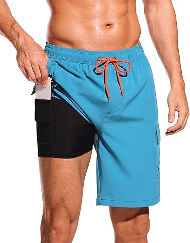 SILKWORLD Traje de baño para hombre con forro de compresión, secado rápido, pantalones cortos de natación de 9 pulgadas con bolsillos tipo cargo