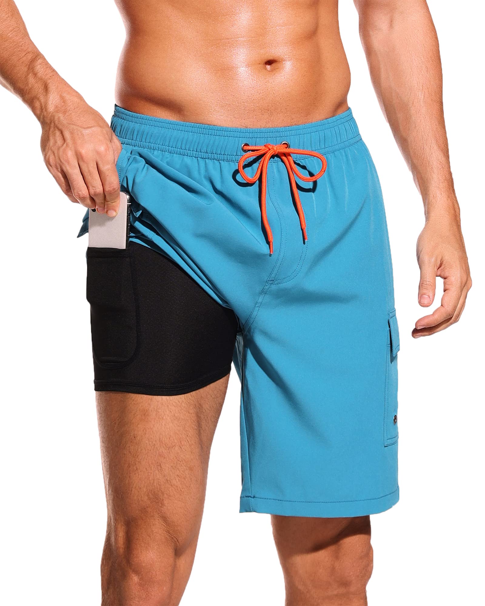 SILKWORLD Men's Swim Trunks with Compression Liner Quick Dry Bathing Suits 9 Inch Swimming Shorts with Cargo Pockets