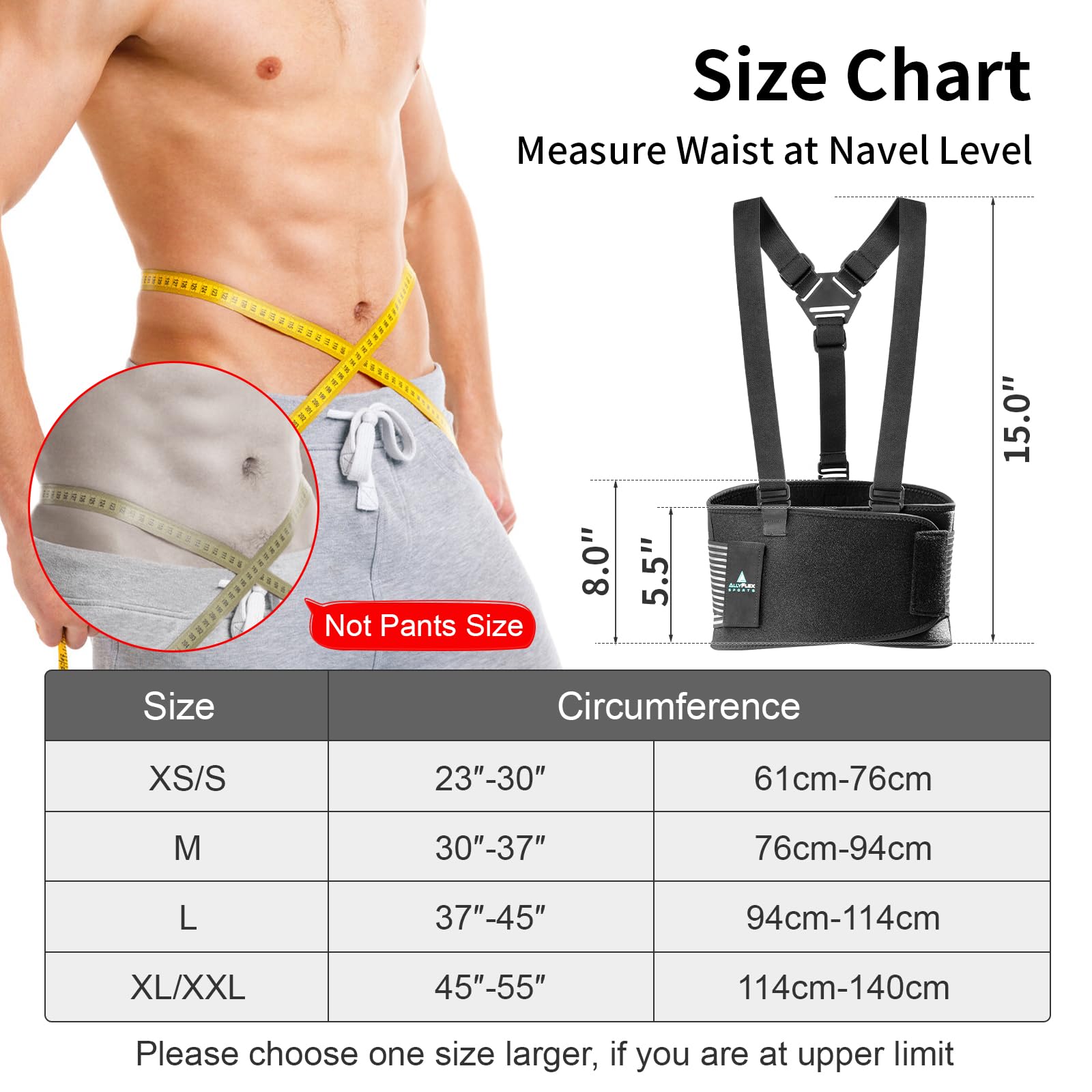 AllyFlex Lumbar Support Back Brace with Suspenders, 3-Way Adjustable Safety Belt with Dual Lumbar Pads for Lower Back Support and Injury Prevention, X-Large/XX-Large…