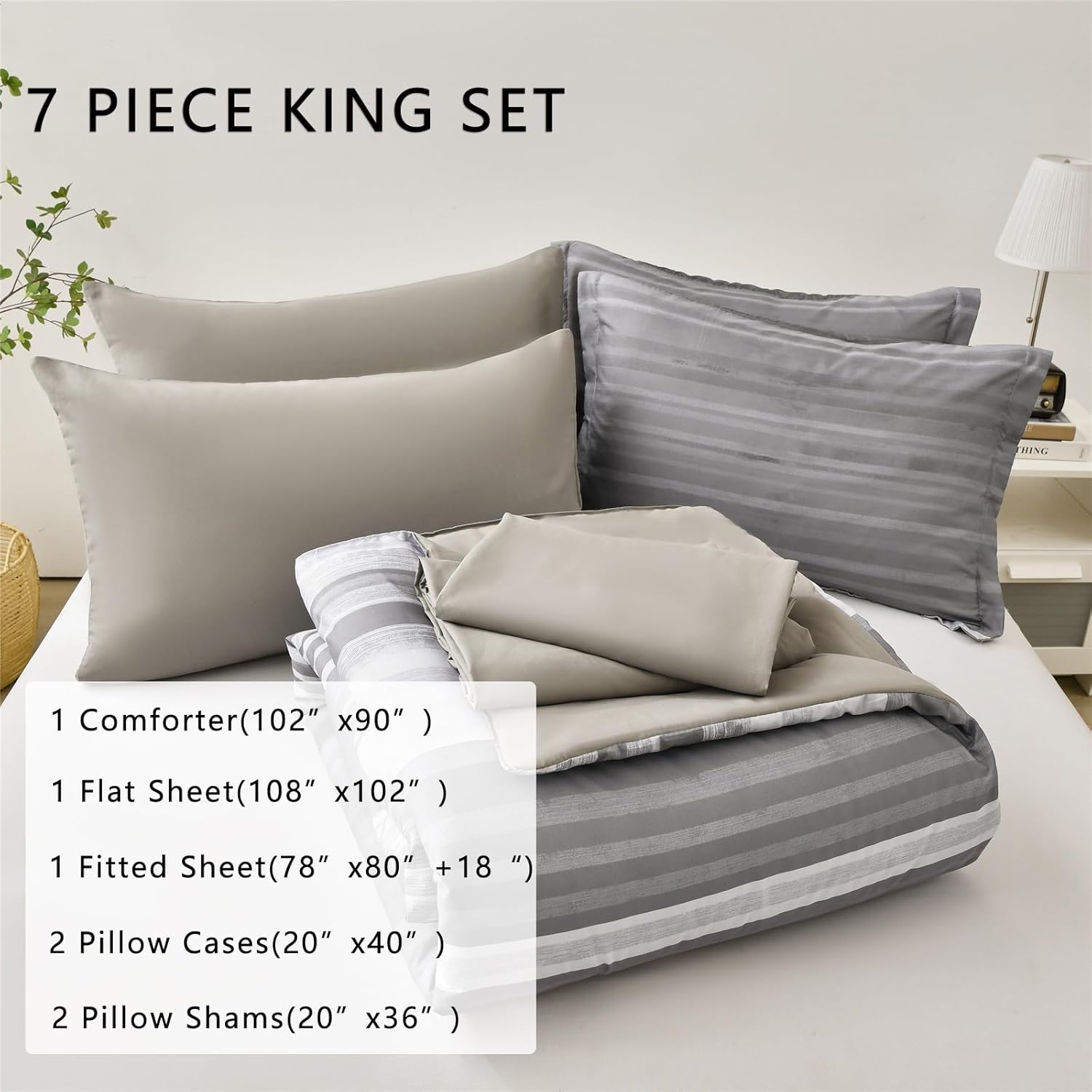 KAKIJUMN 7 Piece Bed in a Bag Stripe Comforter Set King Size, White Grey Patchwork Striped Comforter and Sheet Set, All Season Soft Microfiber Complete Bedding Set(Light Grey,King) - Image 2
