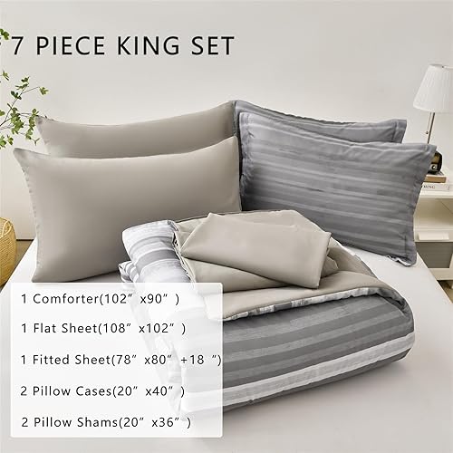 Miniatura 2 de KAKIJUMN Juego de Edredón de 7 Piezas en una Bolsa con Rayas Tamaño King, Juego de Edredón y Sábanas a Rayas de Retazos Blanco y Gris, Juego