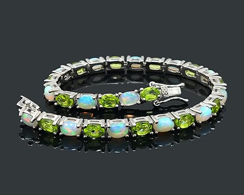 Miniatura 3 de Pulsera de tenis de plata de ley 925 ovalada de ópalo natural ovalada y piedra preciosa de peridoto con piedra natal de agosto, regalo de propuesta