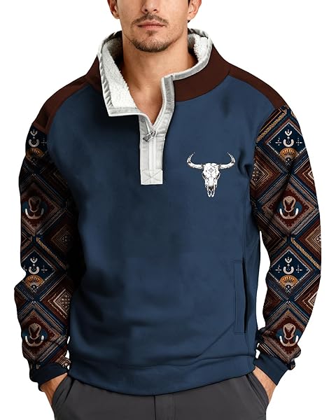 Men's Aztec Sweatshirt Fashion Novelty Graphic Pullover Long Sleeve Zipper Collared...