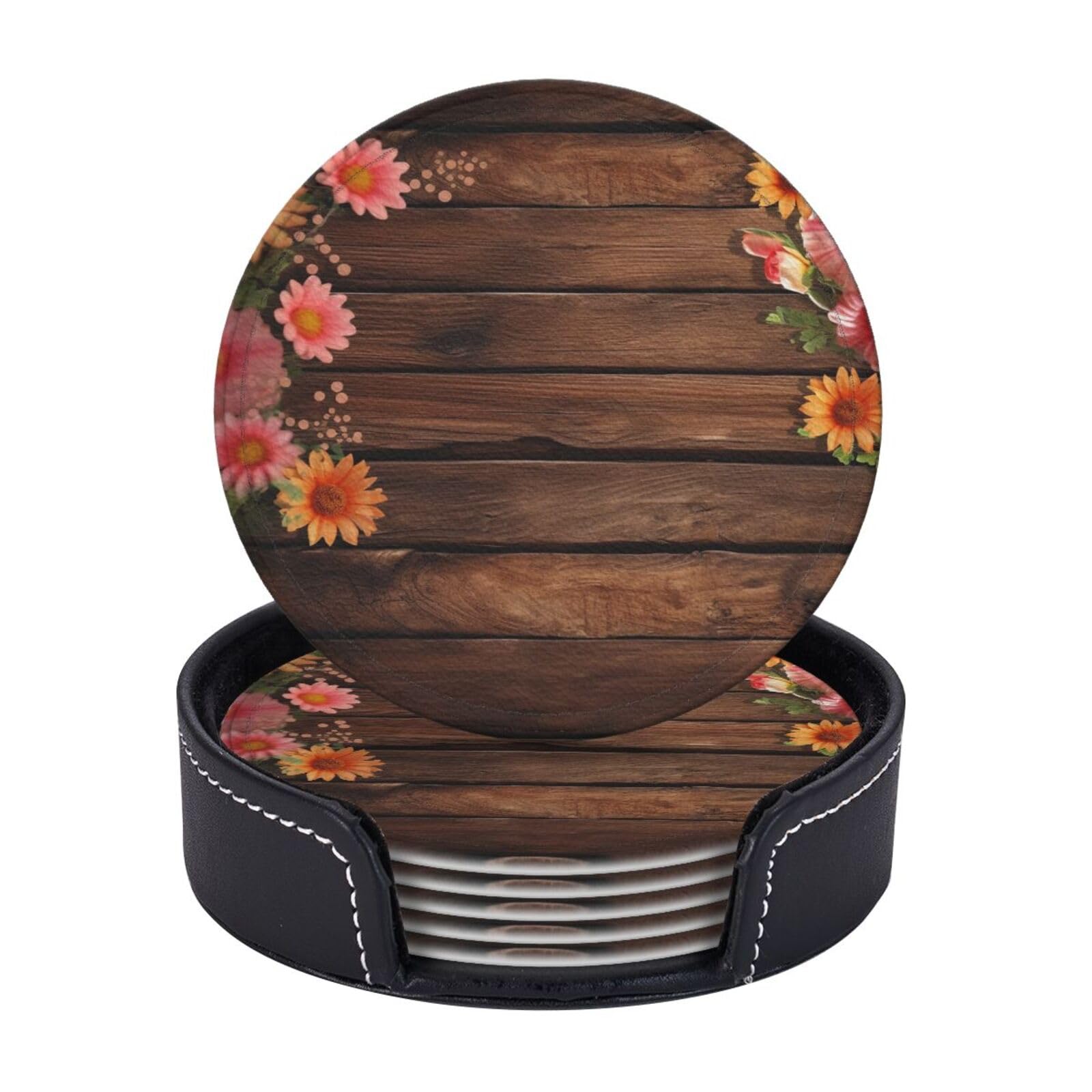 6PCS Drink Coasters with Holder, 4" Leather Coasters for Drinks, Flowers and Wooden Cup Coasters for Coffee Table Decor, Non-Slip Drinking Cup Mat for Hot or Cold Drink