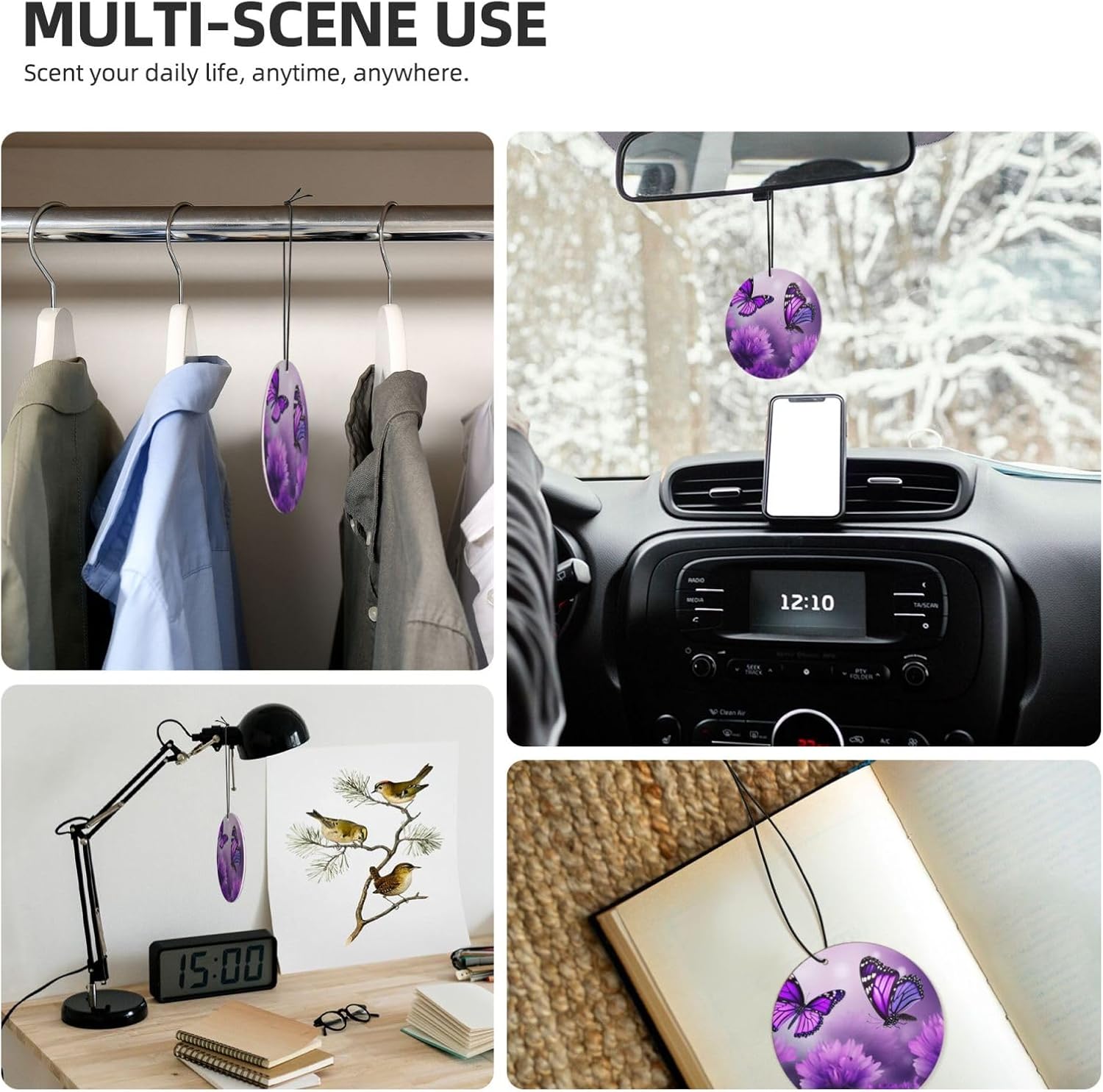 Car Air Freshener 24 PCS Purple Flower Butterflies Hanging Car Air Fresheners Auto Interior Decor Card Freshener Strong Scented Card Lavender Cars Scents for Office Bedroom Close Drawer Round Shape