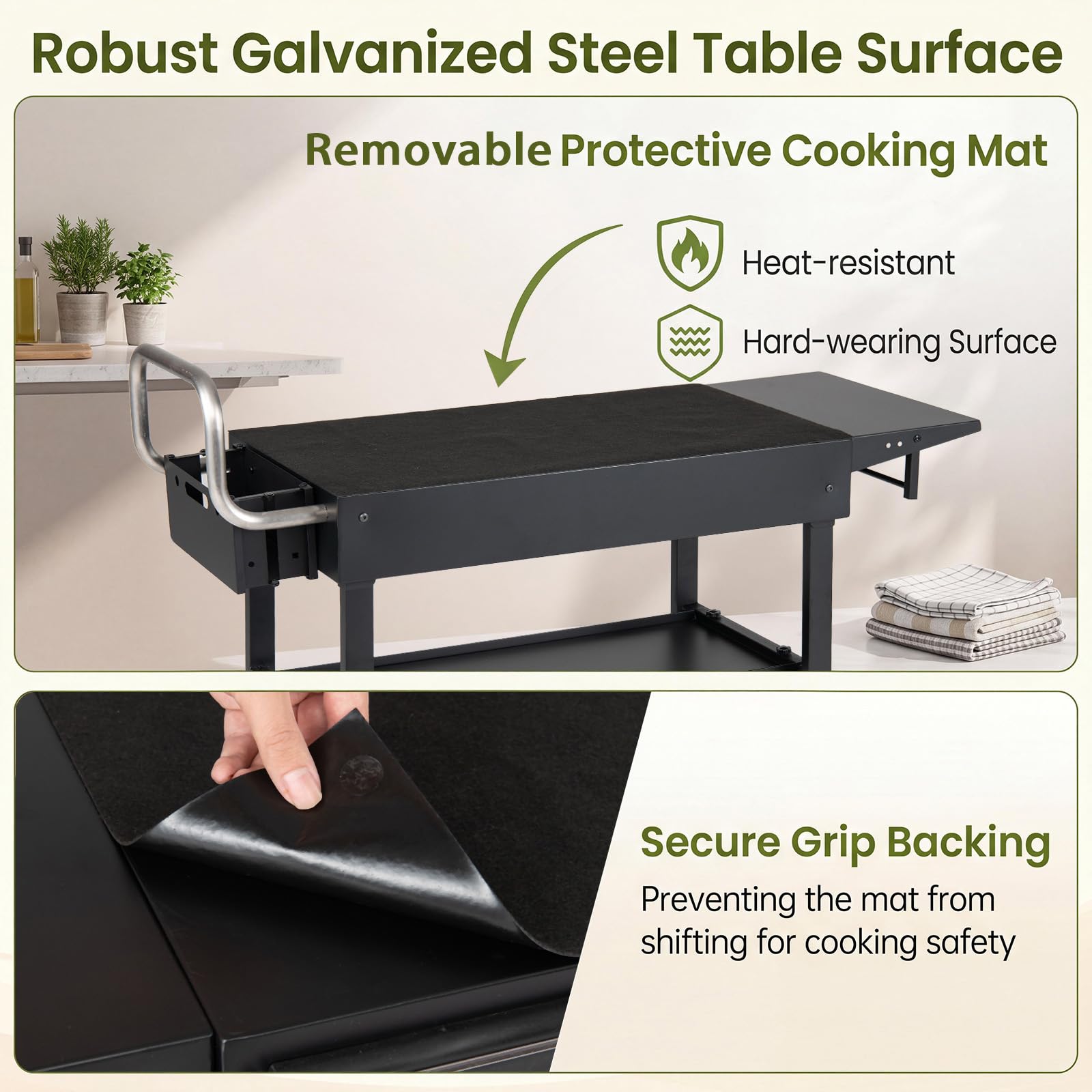 KOMFOTTEU Carrello Barbecue Portatile con 4 Ruote e Portautensili Magnetico | Carrello Cucina da Giardino con Ripiano Portaoggetti, Portaspezie, Apribottiglie e Ganci, 118x43x88 cm