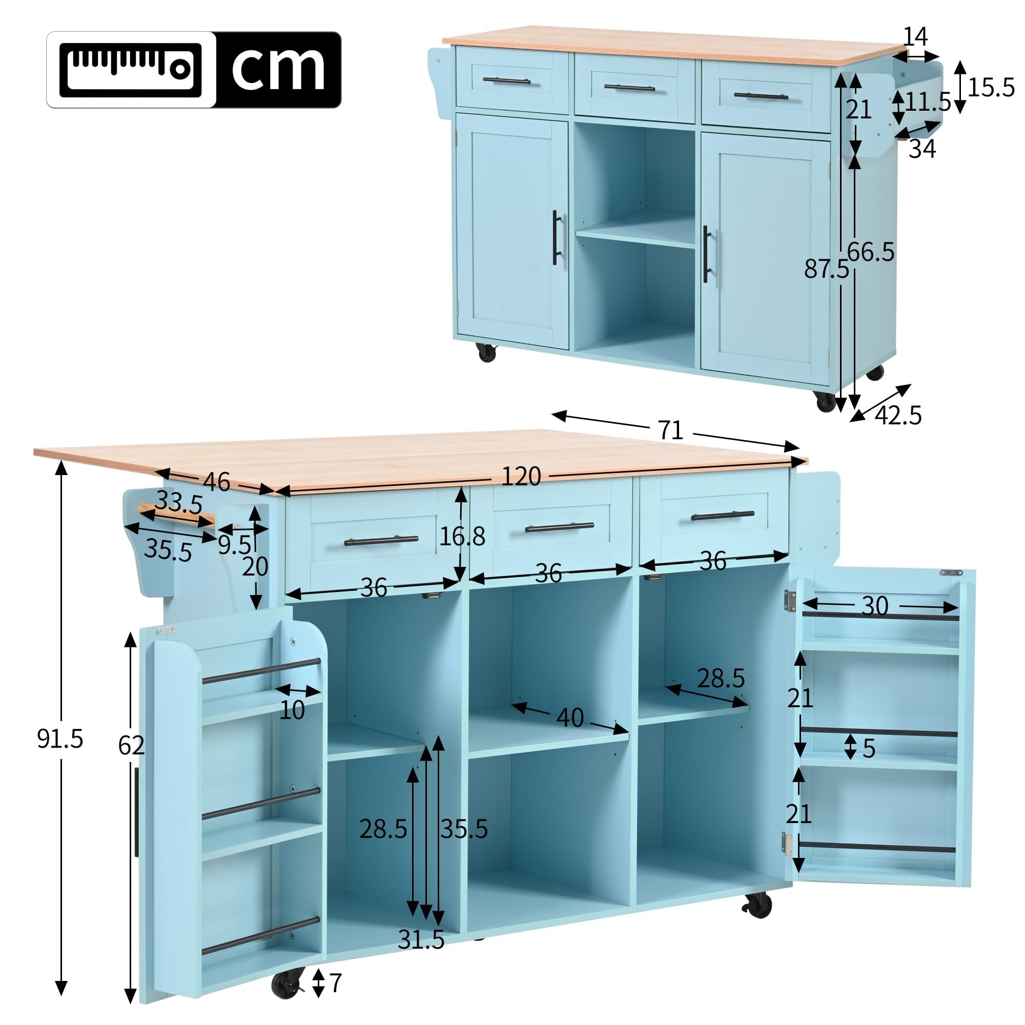 Azkoeesy Isola Cucina Mobile con Ruote e tavolo da pranzo Estensibile, 139x91,5x46(71) cm, Carrello Cucina con 3 Cassetti e 2 Ante con Ripiani per Spezie, per Sala da Pranzo e Cucina, Blu