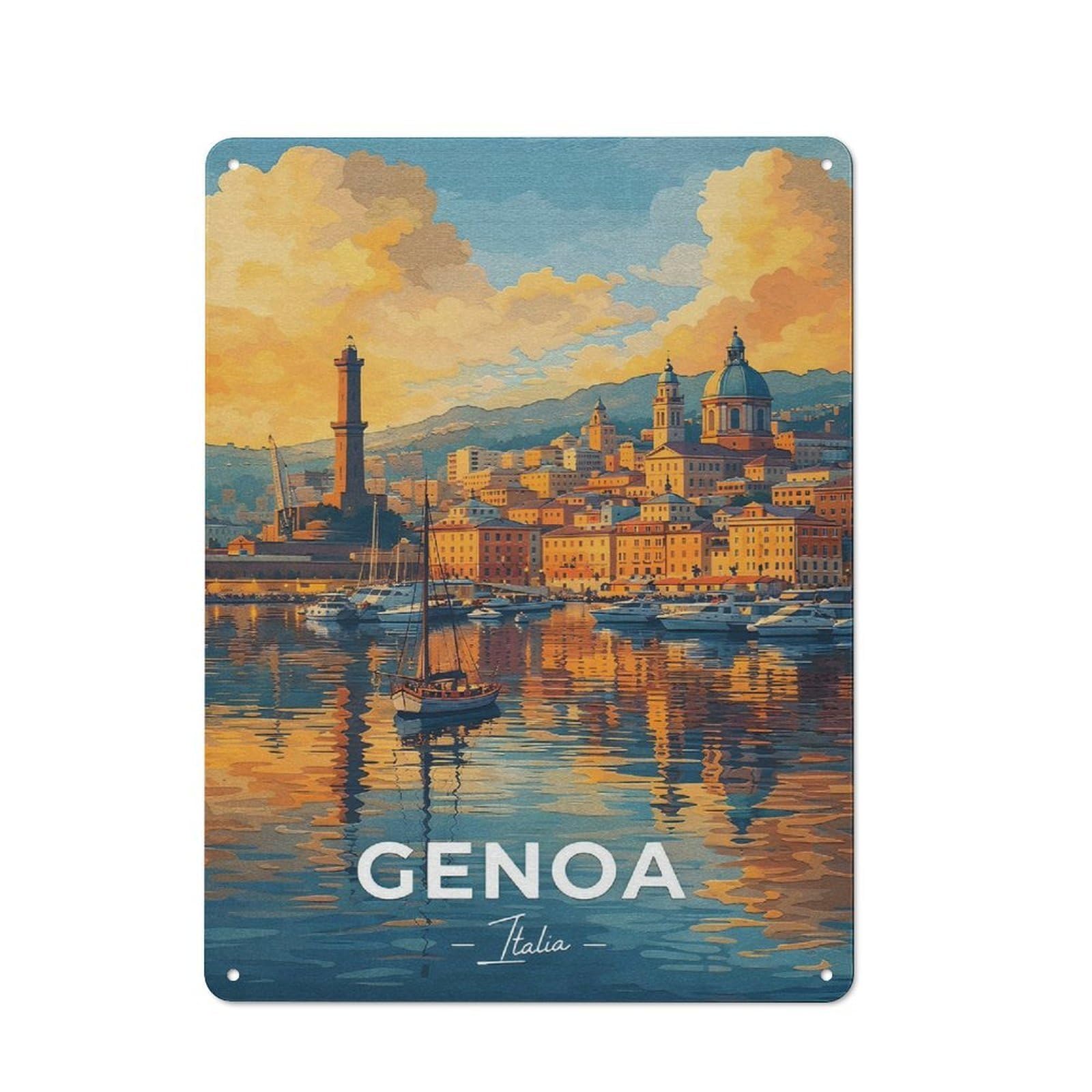 40x30cm Retro Metal Sign with Genoa Italia Harbor Painting for Living Room Or Hallway, for Living Room Decor Lovers Refreshing A Room in Autumn