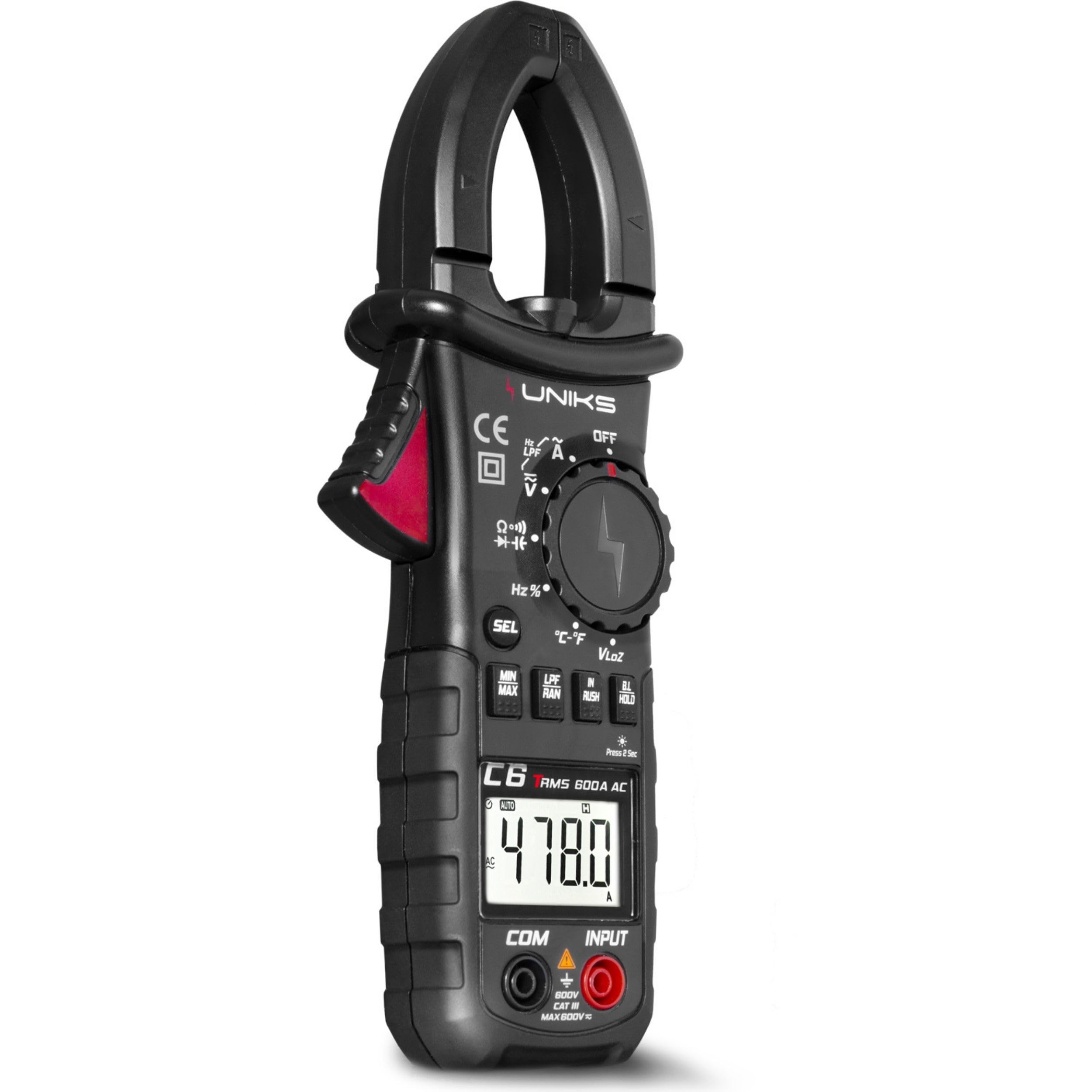 UNIKS - Pinza amperimétrica profesional digital TRMS C6 - Comprobador digital profesional 600 A - Medidor de corriente AC-DC Pantalla LCD y luz LED - Amperómetro ideal para fotovoltaica
