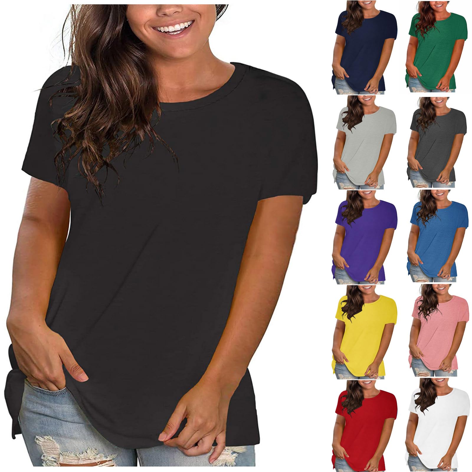 HAOLEI Tallas Grandes Camisetas Manga Corta Mujer,Moda Color Solido Camiseta Mujer Verano de Cuello en Redondo Corte Suelto Pullover T-Shirt para Mujer Multicolor Blusas Mujer Verano 2024