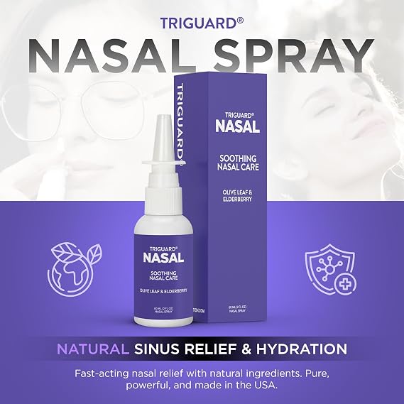 TriGuard Plus Colloidal Silver Nasal Spray with Olive Leaf Extract & Elderberry Extract | Sinus Treatment, Nose Spray & Immune System Booster 2 oz / 60ml, Made in USA (Packaging May Vary)