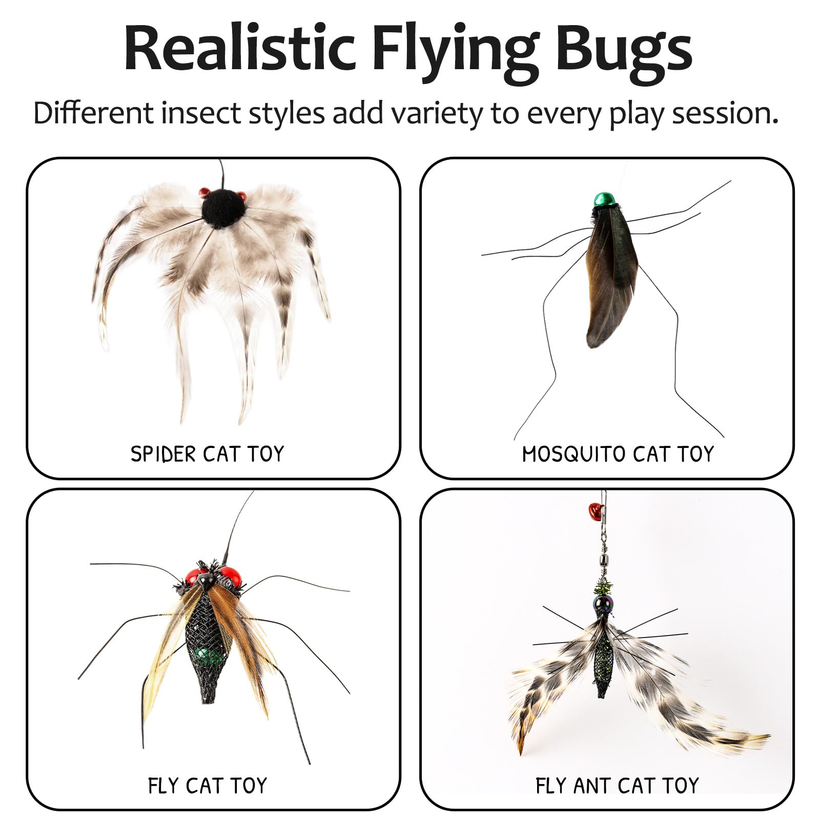 Juguetes de varita de plumas de insectos para gatos, varita de juguete interactiva para gatos con 4 recambios de insectos de simulación, juguetes naturales hechos a mano para gatos de interior