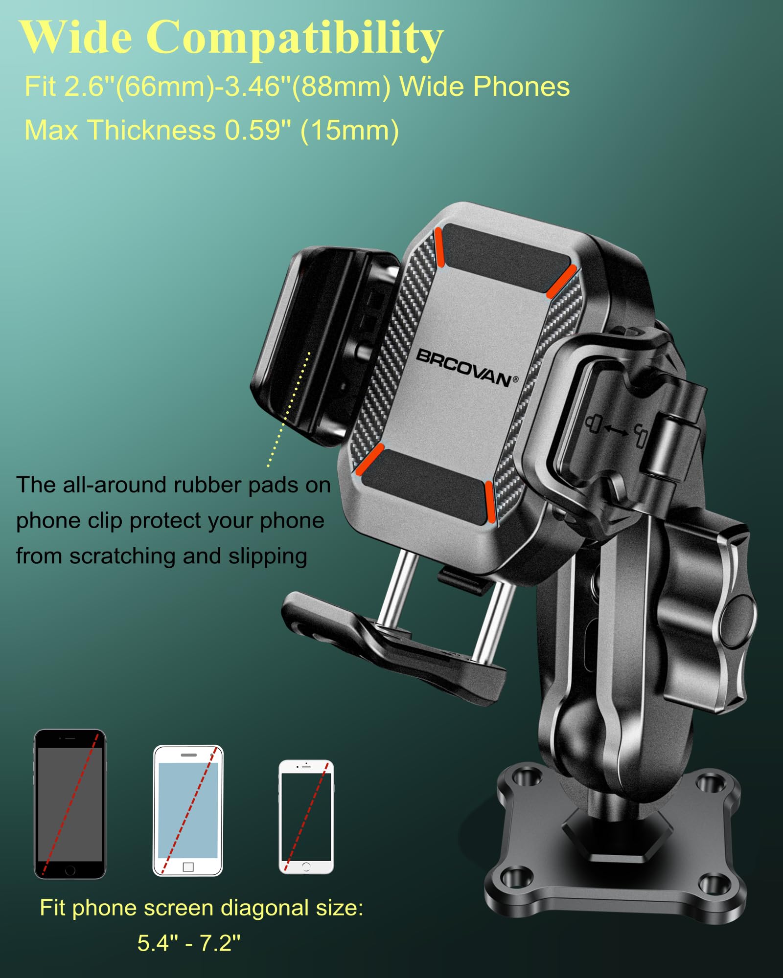 BRCOVAN Supporto antifurto per telefono con smorzatore di vibrazioni [blocco e rilascio 1s] [compatibile con fotocamera] con braccio medio in alluminio e base quadrata, per auto, barca, camion, moto
