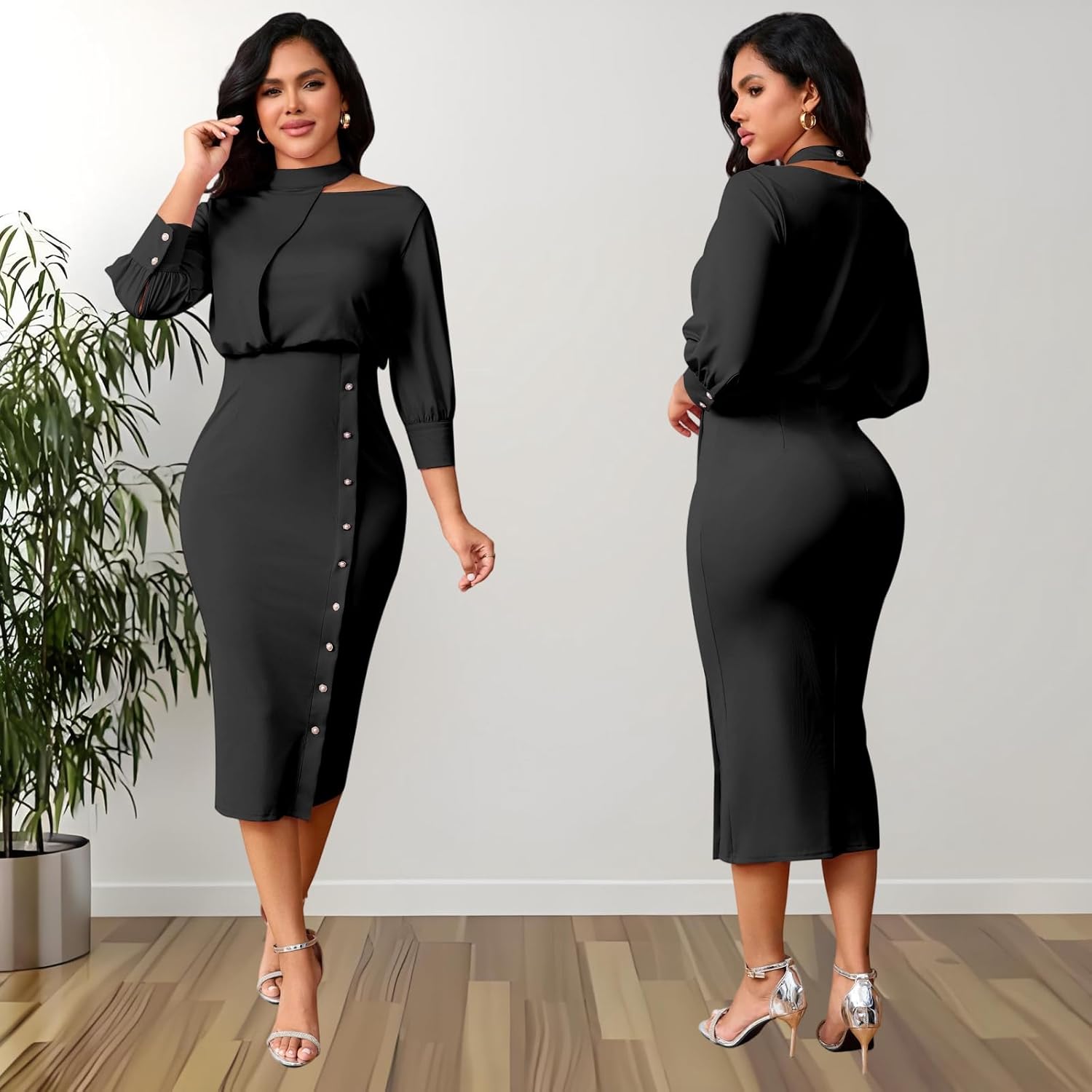 shengfan Women's Casual Long Sleeve Work Bodycon Midi Dresses Round Neck Formal Wedding Cocktail Party Wrap Pencil Dress - Image 8