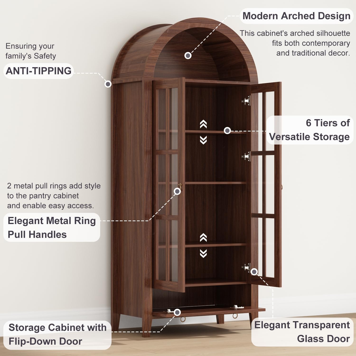 70" Tall Arched Cabinet, Modern Farmhouse Wooden Display Cabinet with Glass Doors, 6 Tier Bookshelf w/Adjustable Shelves for Living Room, Office, Walnut