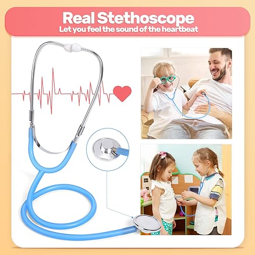 Vista 3 de CUTE STONE Kit médico de juguete para niños, kit médico de juguete de madera con estetoscopio electrónico, bolsa de almacenamiento médica lavable