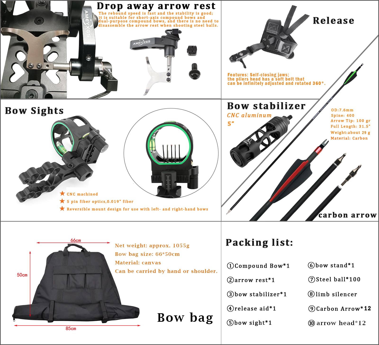 21"Kit Arco Compound, 40~65lbs Regolabile, Arco a Sfera in Acciaio, Usa Frecce e Sfere in Acciaio, Arco da Caccia per Adulti, Mano Destra/Sinistra per la Caccia con L'Arco