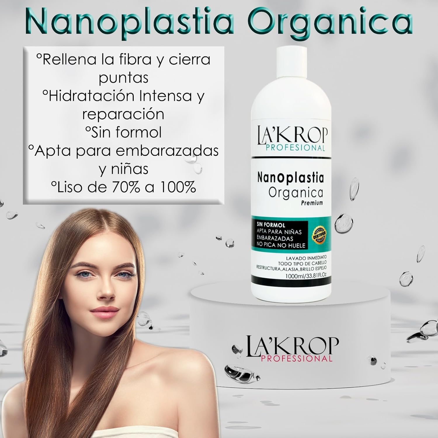 LAKROP NANOPLASTIA ORGANICA 1000ML - KERATIN HAIR TREATMENT - KERATINA PARA ALISAR EL PELO - PARA CABELLO SECO Y MALTRATADO - KERATINA ORGANICA SIN FORMOL - STRAIGHTENER - KERATINA PROGRESIVA