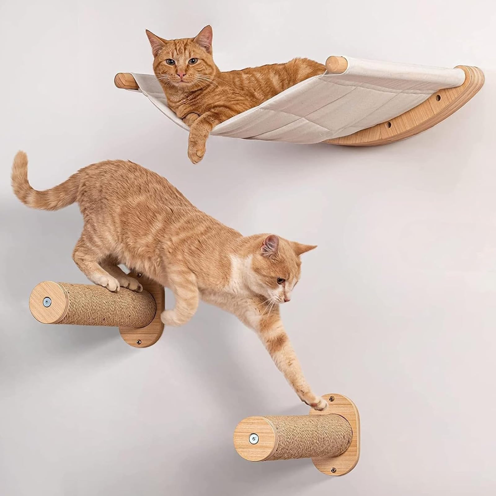 Amaca da parete per gatto, albero per gatti con tiragraffi in sisal, kit di posatoi da arrampicata da parete composto da 1 amaca, 2 gradini, telaio da arrampicata per gatti, letto in legno per gattini