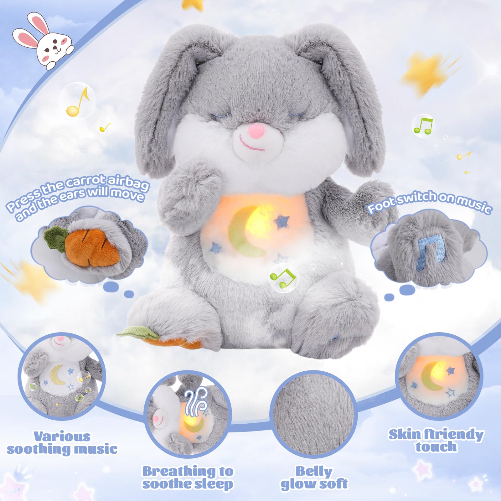 seOSTO Soothing Bunny Breathing Bunny Teddy Plush with Light and Breathing Musical Soothing Doll for Baby Toys New Baby Gifts Anxiety Teddy for Adults - Image 4