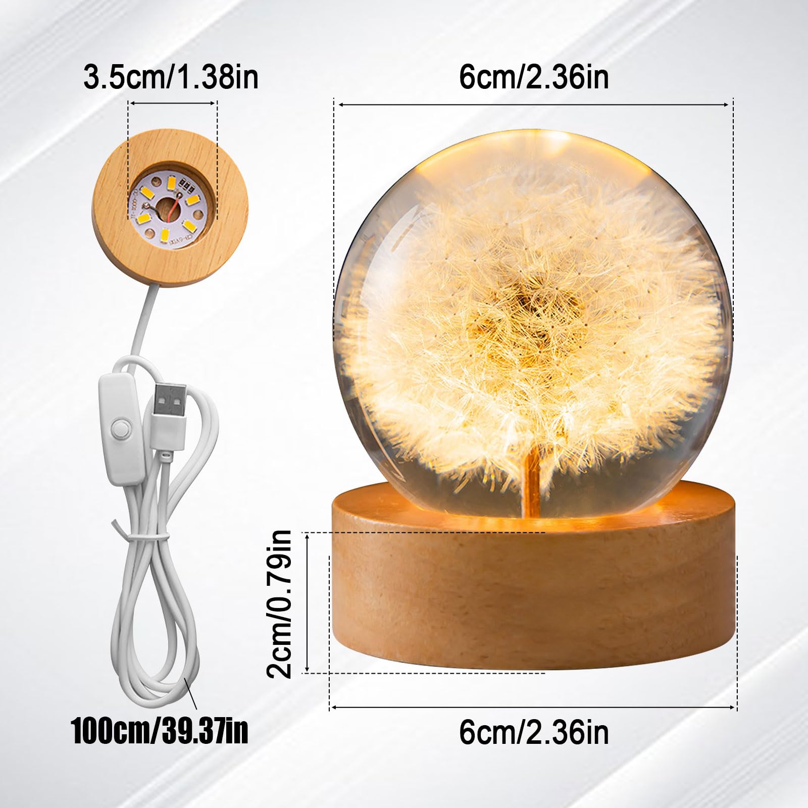 Lampada Notturna Con Sfera Di Cristallo E Fiore Perpetuo – YATOSEEN, Base In Legno Con Luce USB, Diametro 6 Cm, Decorazione Da Scrivania