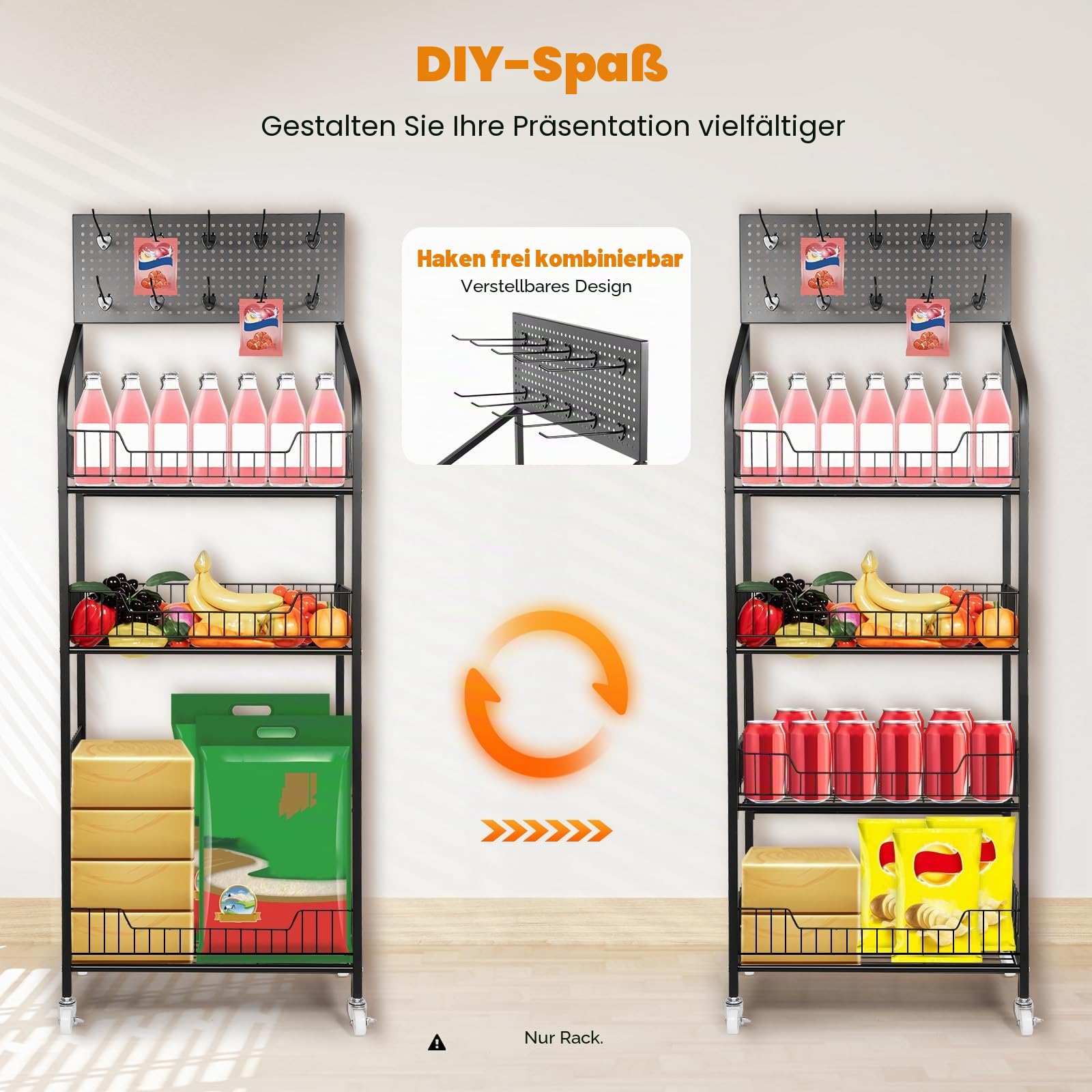 OUKANING Snackregal mit 4 Ebenen, Regal für Süßigkeiten mit Hängebrett & Rollen, Snack-Display & Chips-Regal, Höhenverstellbar Einzelhandelsständer Für Läden Zuhause, Geschäfte 50x27x140cm Schwarz Küc