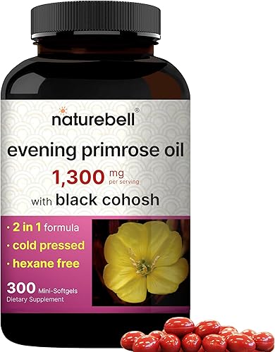 NatureBell Aceite de onagra con cohosh negro, 1,300 mg por porción, 300 mini cápsulas blandas Semillas prensadas en frío, conserva 130 mg de GLA