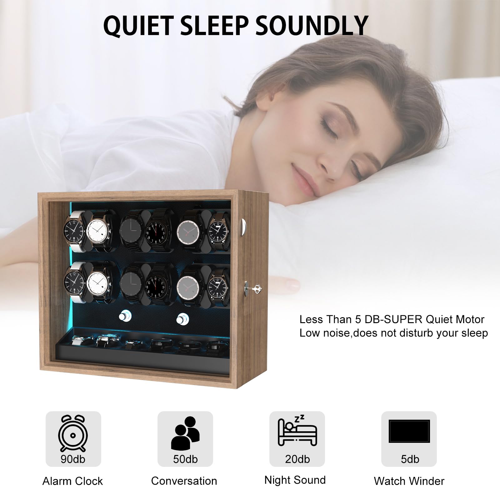 DUKWIN Uhrenbeweger für 4/6/8/12 Automatikuhren, abschließbare automatische Aufzieher mit extra 4/6 Uhrenräumen, 4 Rotationsmodi, flexiblen Kissen, leiser Motor und blauer Hintergrundbeleuchtung