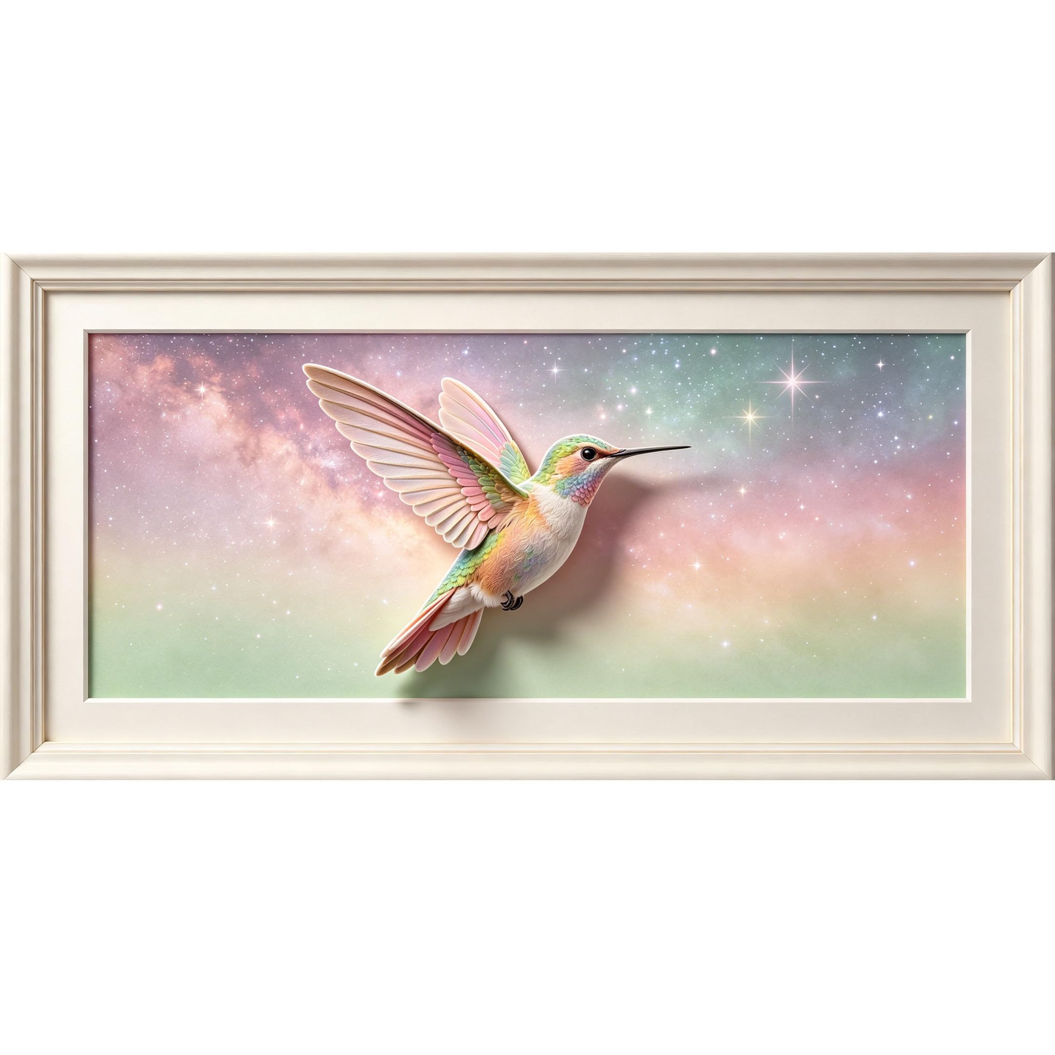 Agglomerix 3D Framed Wall Art Hummingbird Galaxy Pastel Sky Stars Abstract Large Size Self-Adhesive Removable Wall Decor Prints Artwork for Living Room Bedroom Office