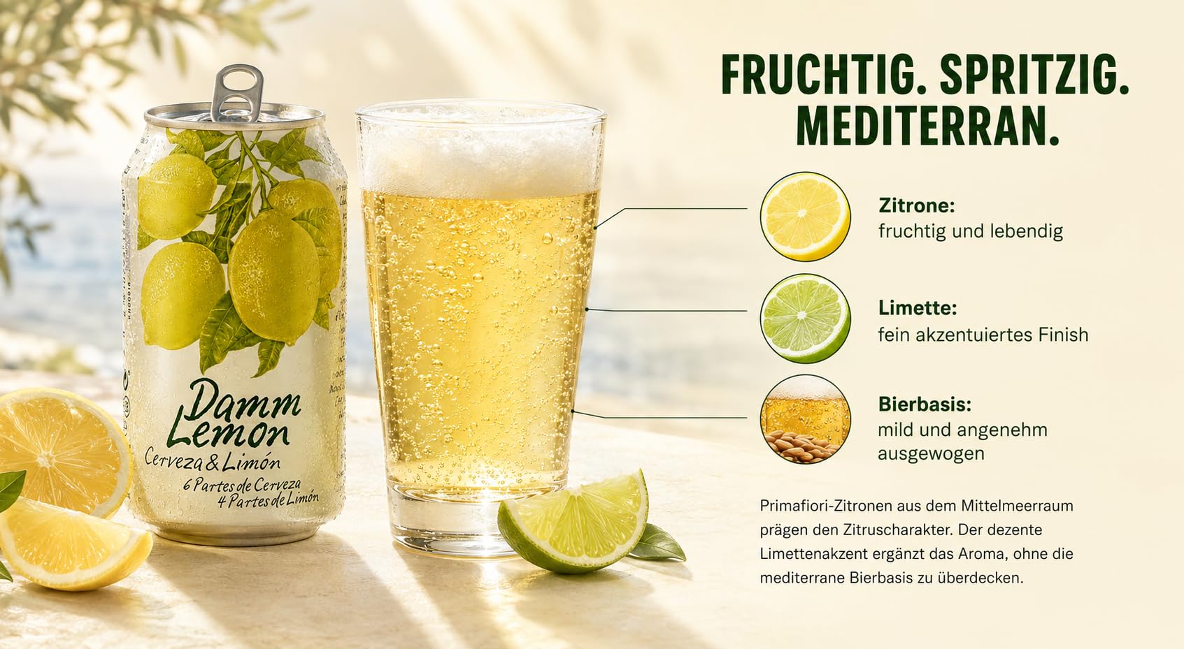 Damm Lemon Radler 24 x 0,33 l – Zitrone & Limette aus Spanien – 3,2%