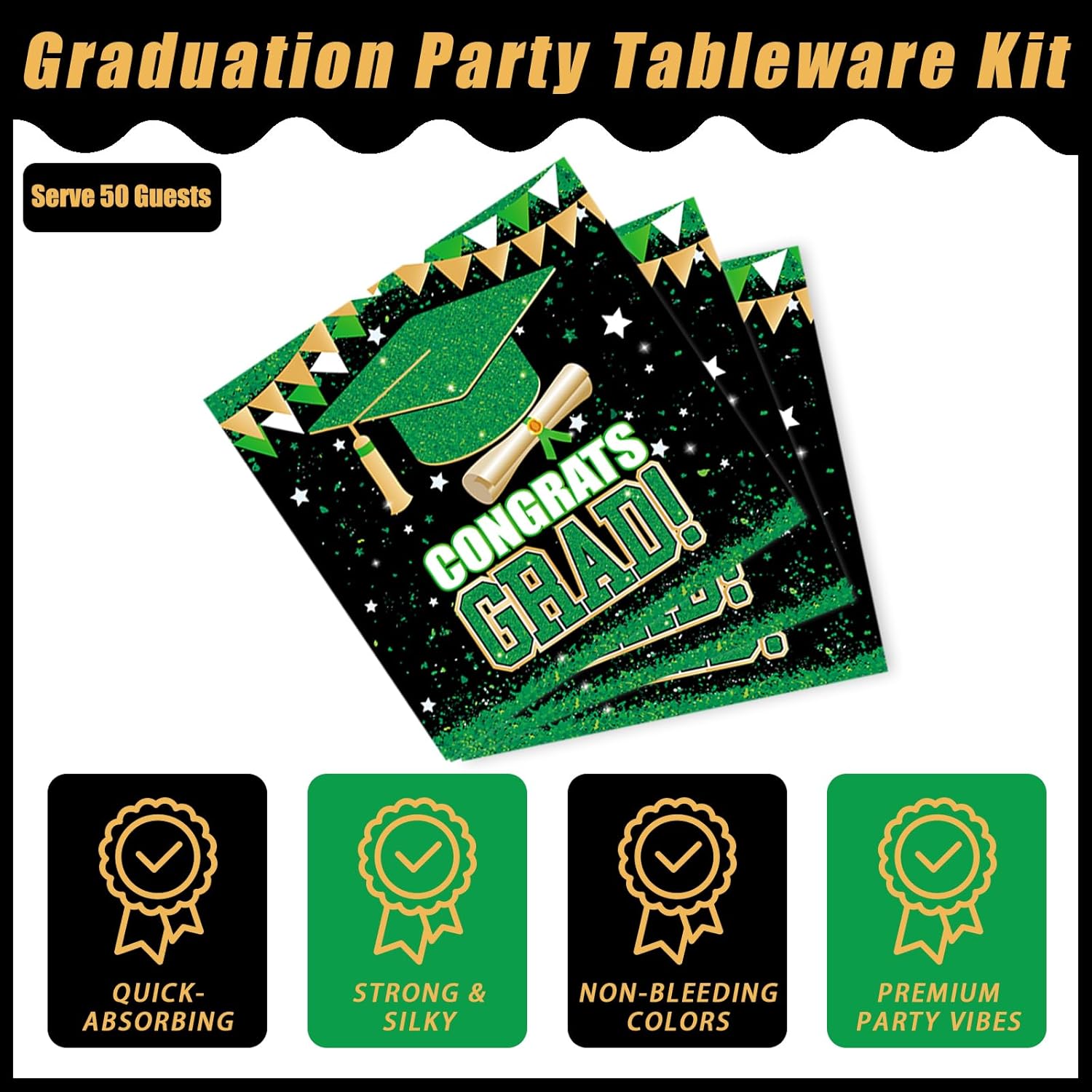 Kepeel 200Pcs 2026 Graduation Party Tableware Set, Green Gold Class of 2026 Party Decorations Supplies for Boys Girls Congratulate Graduation Disposable Paper Napkins Forks Favors, Serve 50