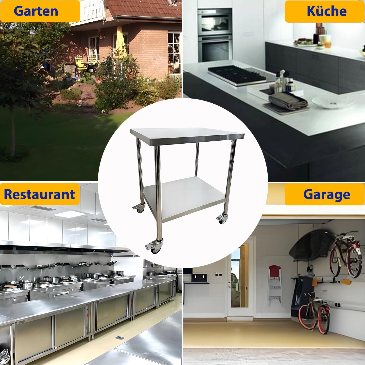 Mesa de trabajo de cocina de acero inoxidable, 76 x 60 cm, 4 ruedas giratorias con frenos, hasta 300 kg, mesa de cocina profesional de acero inoxidable, para restaurante, cocina, bar, hotel
