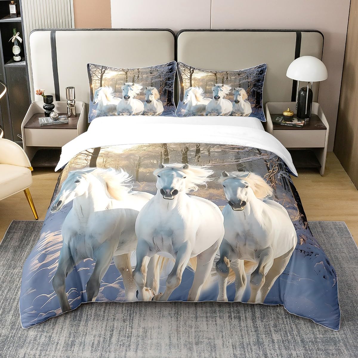 Parure de lit cheval blanc 220x240 cm en coton 3D avec 2 taies