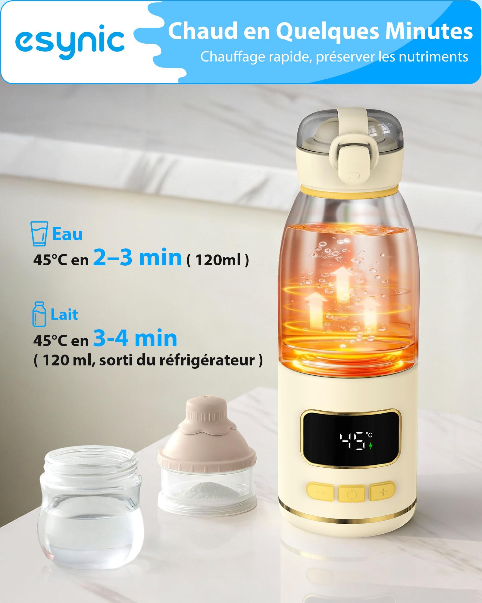 eSynic Chauffe Biberon Portable sans Fil Capacité 450ml pour Lait Materne ou Préparation pour Nourrissons ou Eau Batterie 15000mAh Chauffe Rapide Température Précise Tasse Amovible pour Voyage Sortie