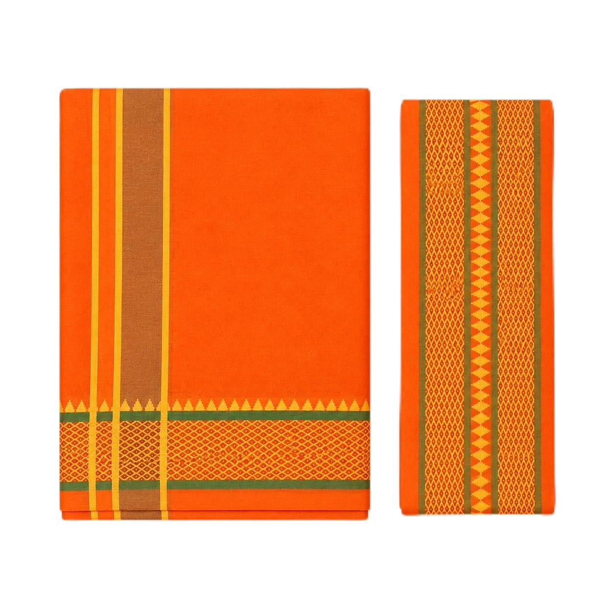 Mens Devotional Cotton Pentex Border Colour Dhoti Set 2.0 Meter and Pooja Matching Towel 30x60 inch | Gold Zari Border | Temple, Wedding, Festival & Pooja Wear-image-30