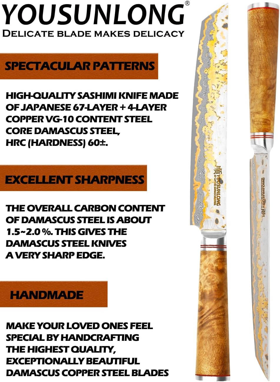 YOUSUNLONG Sashimi Slicing Knife - 8 Inch Sujihiki Yanagiba Knife - Super Sharp Slice - Japanese Handmade Copper Damascus Steel Blade - Naturel Burl Wooden Handle with Leather