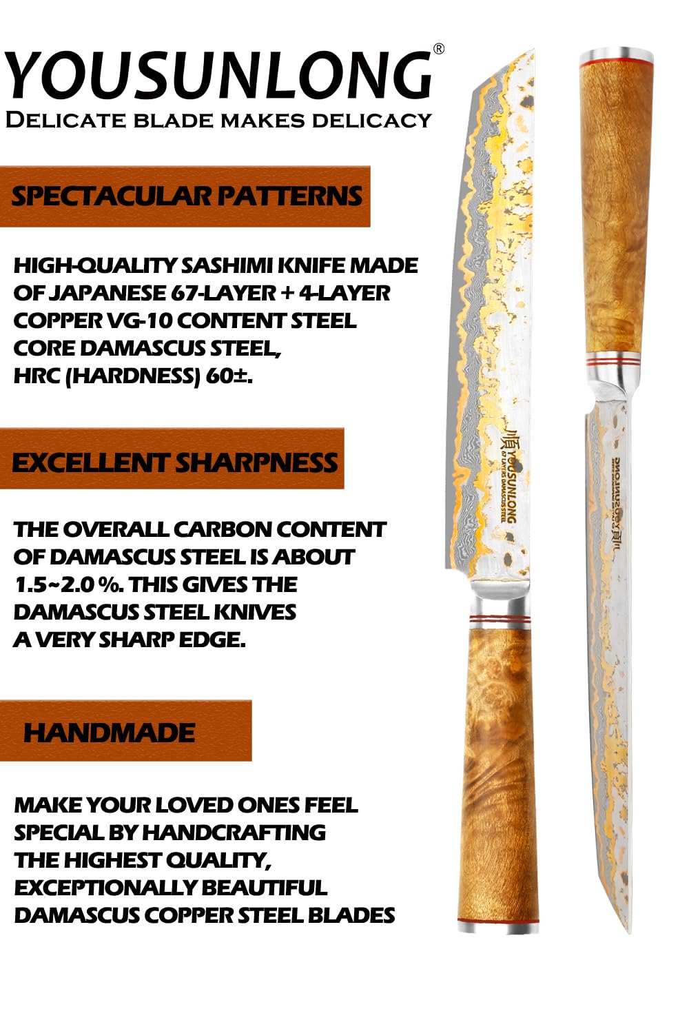 YOUSUNLONG Sashimi-Schneidemesser - 215mm Sujihiki Yanagiba Messer - Superscharfer Schnitt - Japanische handgefertigte Kupfer-Damaszener-Stahl Klinge - Naturel Burl Holzgriff mit Leder
