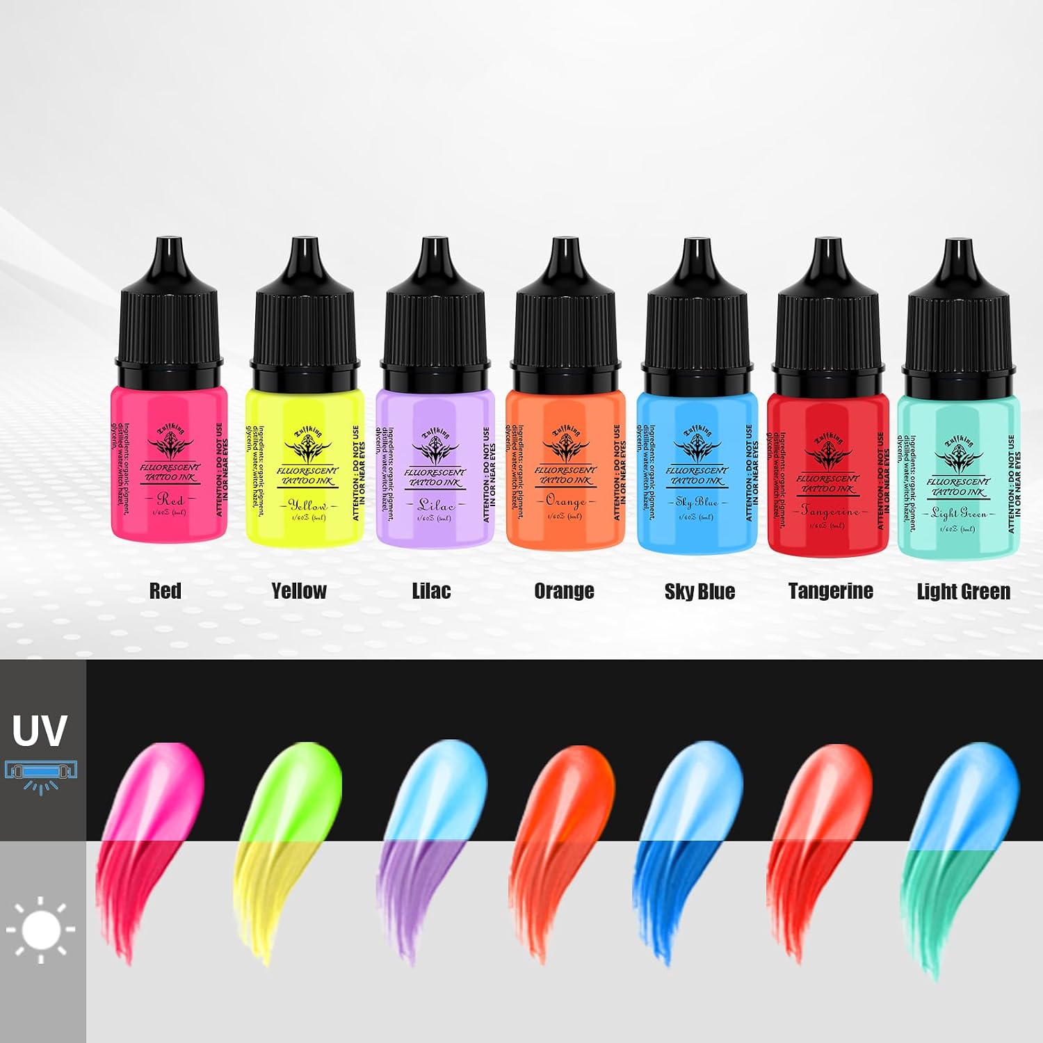 Tattoo Ink Color Set - Fluorescent Tattoo Ink Pigment Kit 7 Colors Glow in The Blacklight for Professional Tattoo Artist Halloween Supplies (1/6 fl oz(5ml), 7color)