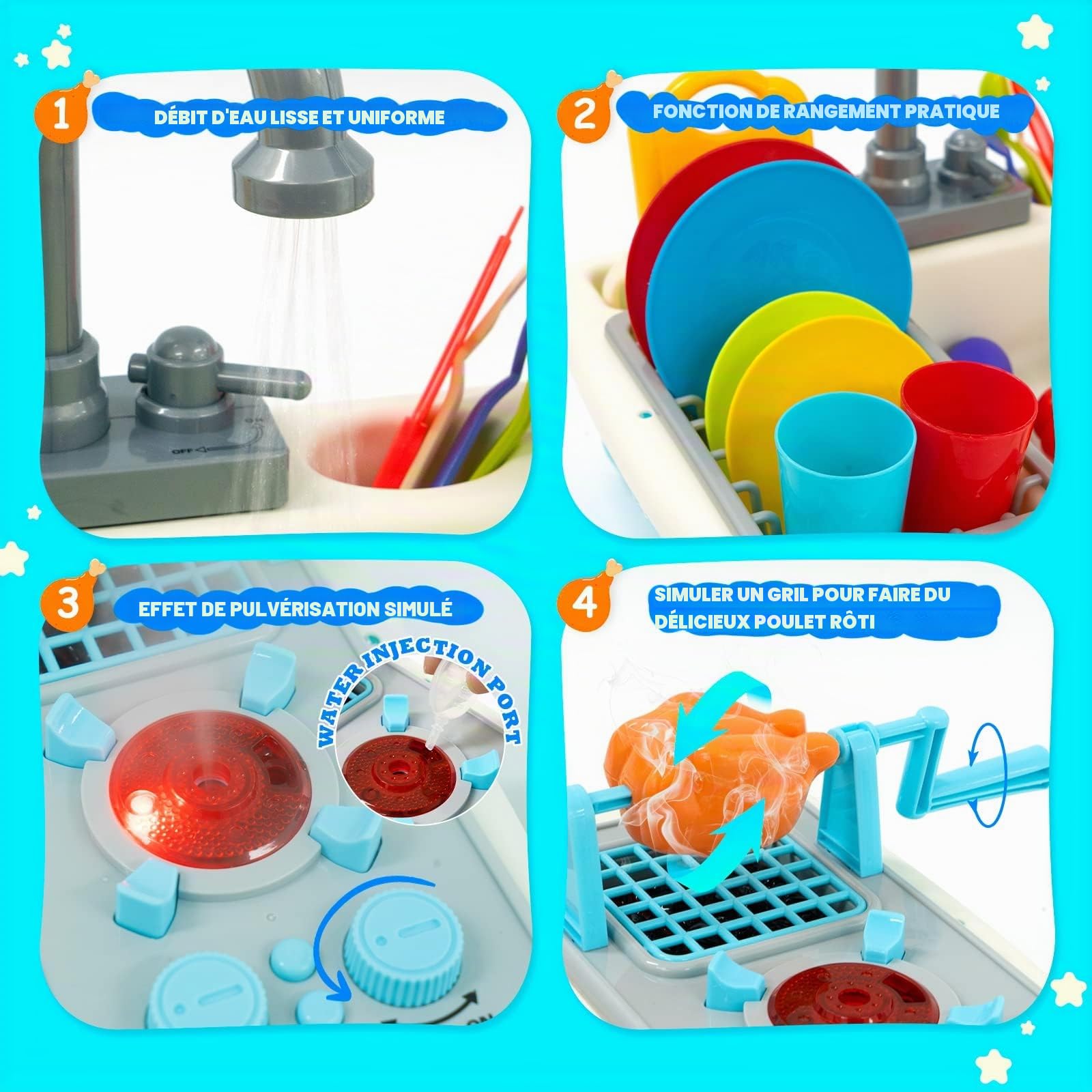 Jouets de Cuisine, Jeu d'évier avec Circulation d'eau et Gril, Robinet Eau Enfant, Jouets Alimentaires pour Enfants Garçons Filles de 3+ Ans