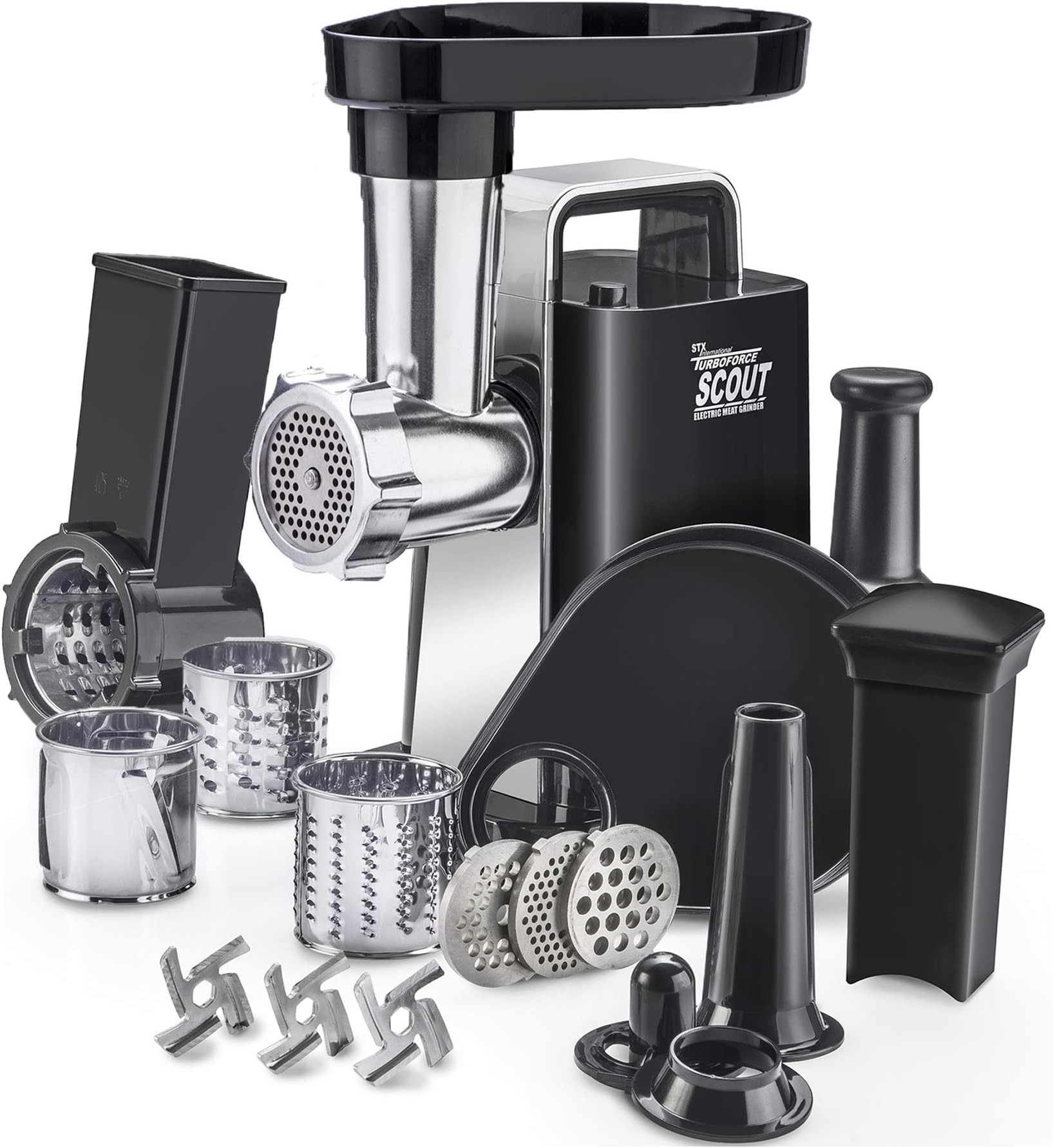 STX Turboforce Scout 1000 Series Electric Meat Grinder, Vegetable Slicer/Shredder & Sausage Stuffer Total Kit - 3 Grinding Plates, 3 Slicing/Shredder Drums, 3 S/S Blades, Sausage Tube & Kubbe Maker