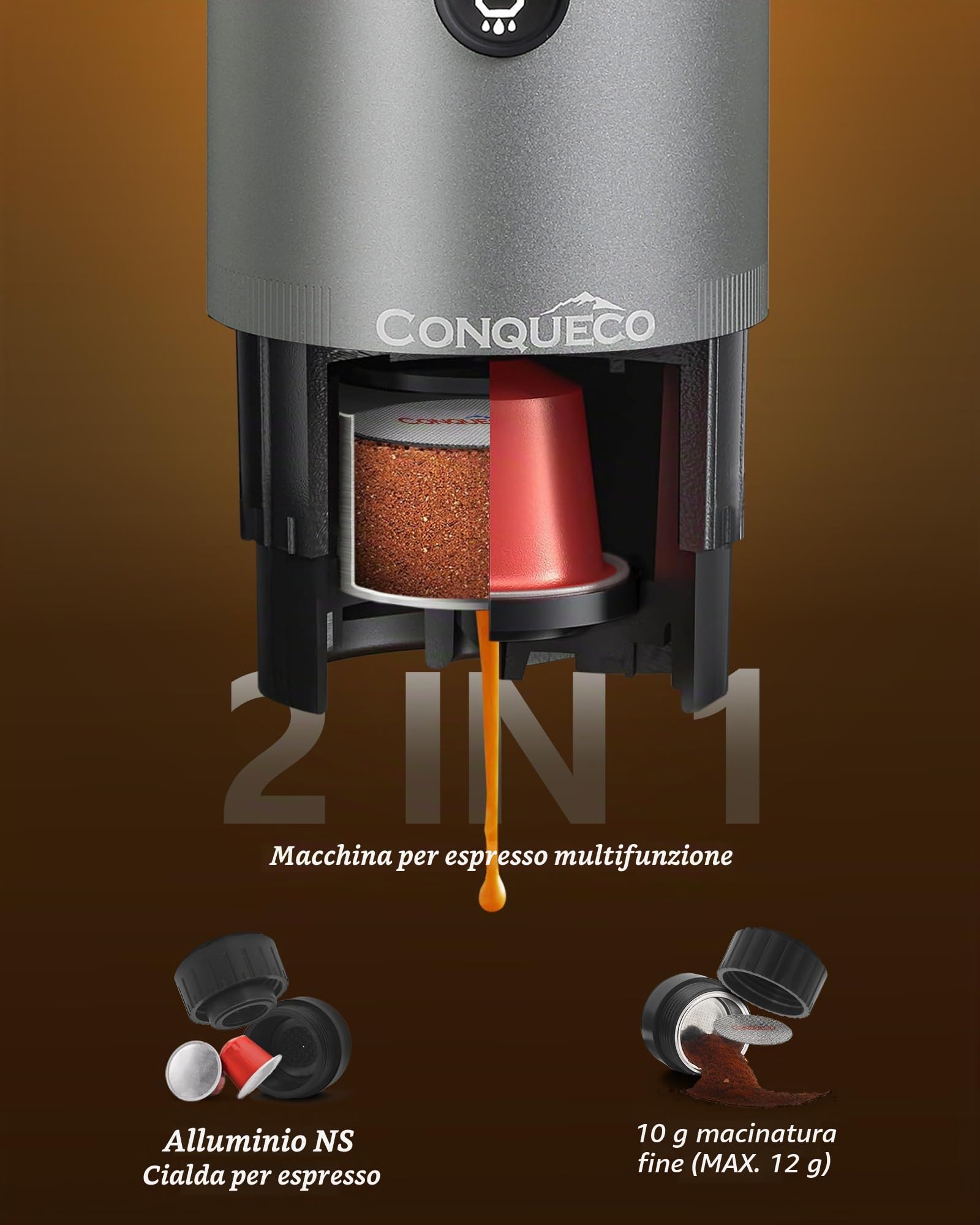 CONQUECO Macchina da Caffè Espresso Portatile - Caffettiera Elettrica da Viaggio con Batteria - per 12V Auto e Camion e Campeggio - Compatibile con la Capsula Nespresso e la Capsula L'or