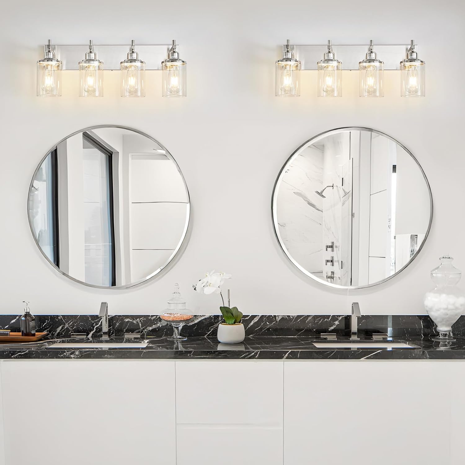 Lanhall 4-Light Brushed Nickel Bathroom Light Fixture Over Mirror Modern Bathroom Vanity Light Vintage Wall Lighting with Clear Glass Shade for Bathroom, Bedroom, Hallway, Cabinet