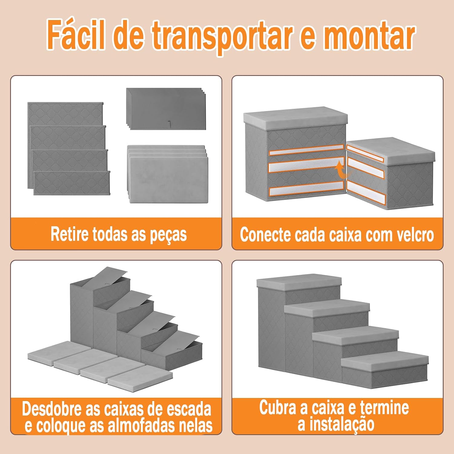 Escadas Pet com 4 Degraus, Acessível a Camas e Sofás, Estável e Confiável, Adequado para Armazenar Itens, Seguro para Animais Idosos, Cinza