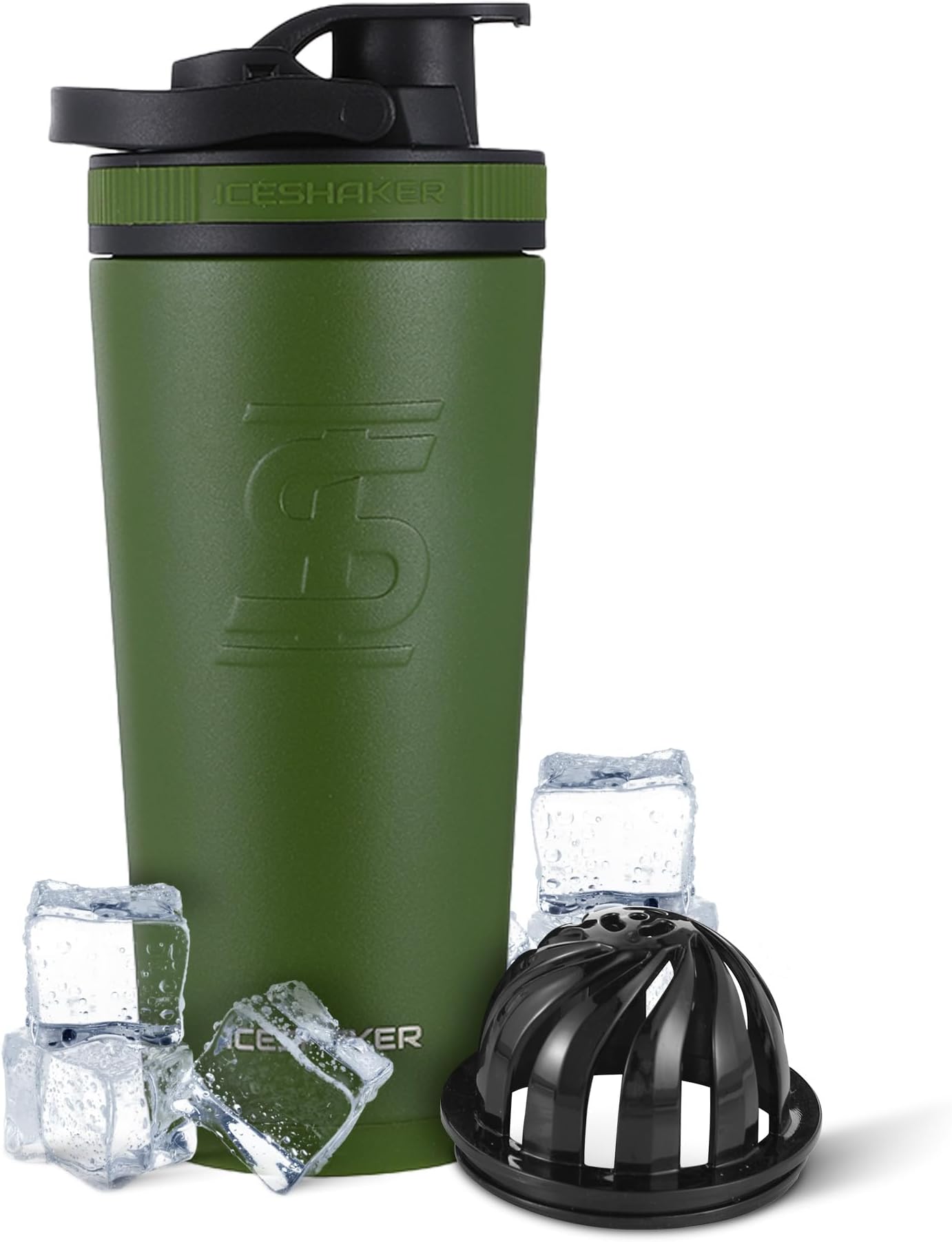 Ice Shaker Insulated Stainless Steel Shaker Bottle | 26oz Green | Cold Over 30 Hours | Insulated Cup with Twist-On Agitator | Protein Shake, Water, Smoothie, Cocktail, Odorless Shaker Cup