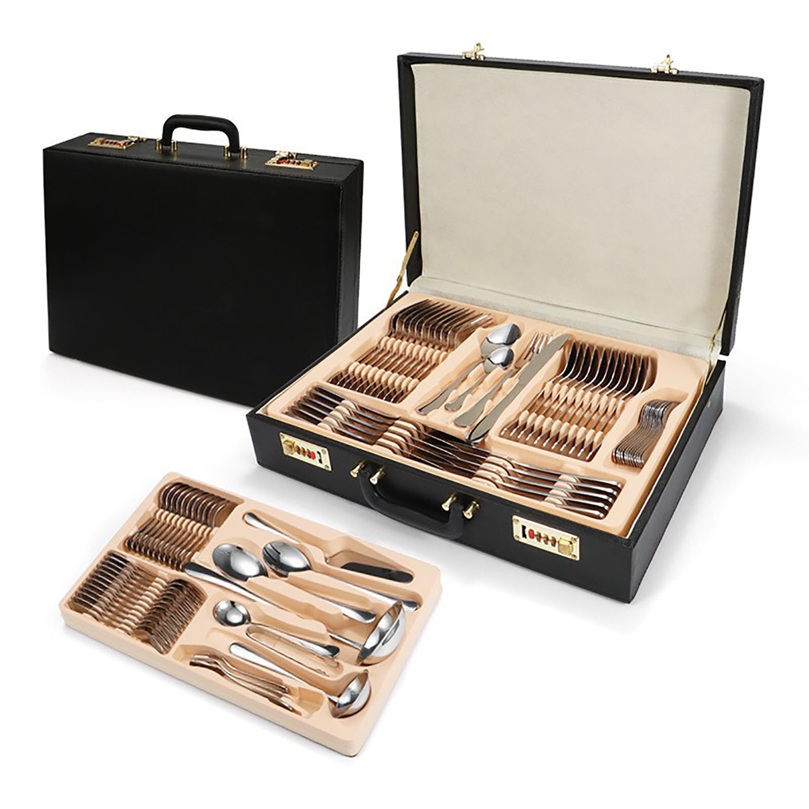 Juego de cubiertos de acero inoxidable de 84 piezas, cubiertos pulidos con espejo, con funda, ideal para bodas, fiestas, hoteles